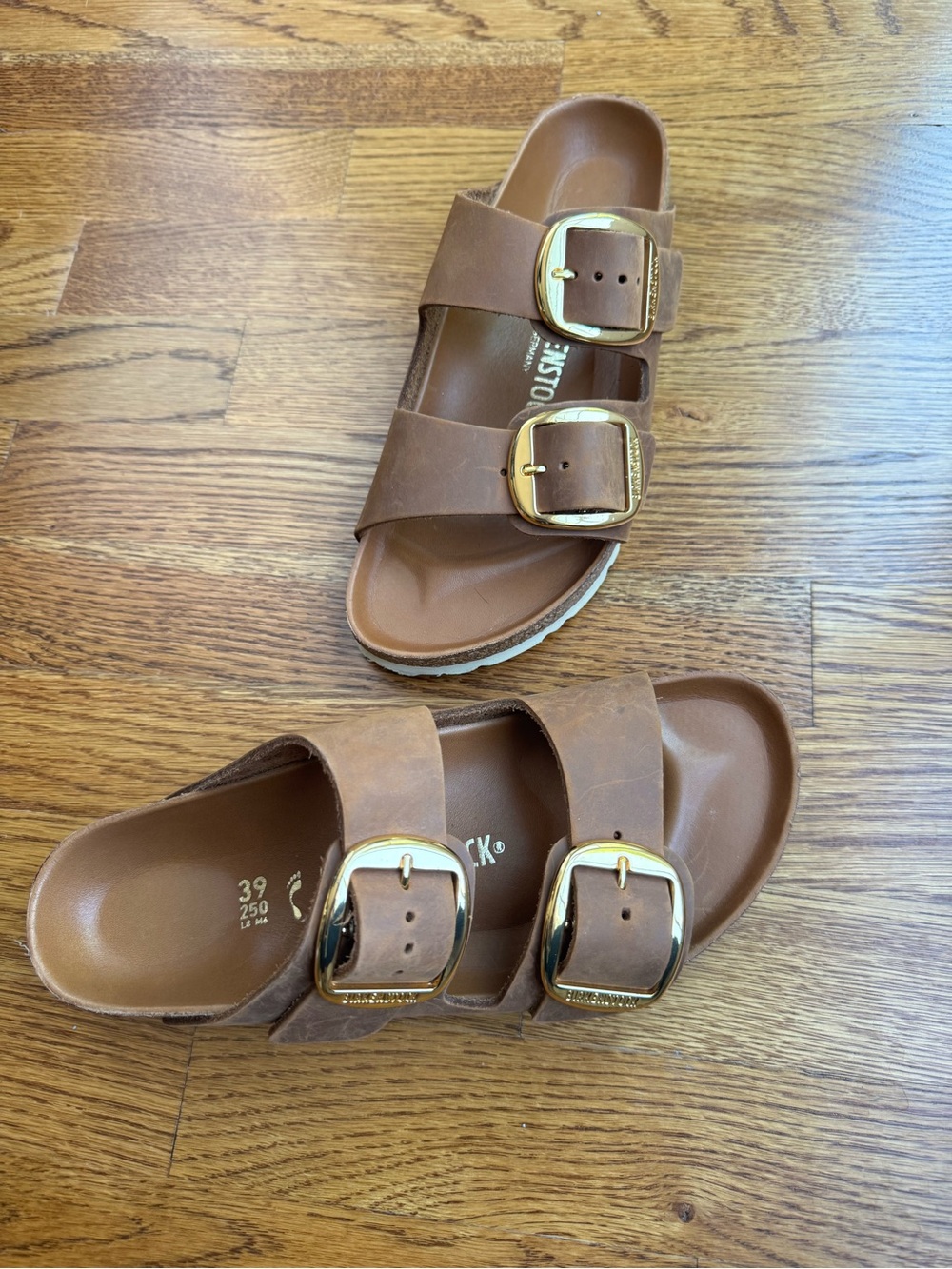 Birkenstock Brown Two-Strap Sandals with Gold Buckles - Picture 3 of 4
